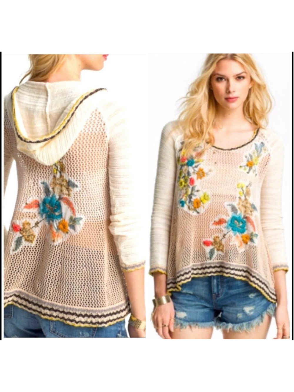 Women's Free People Floral Crochet Hooded Sweater Size S Beige Multicolor